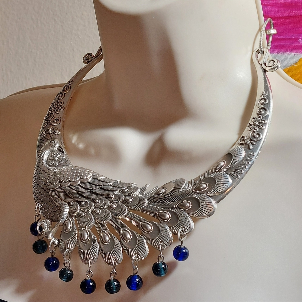 Bohemian Peacock Bird Silver Tone Chunky Bib Statement Collar Necklace - Picture 2 of 6